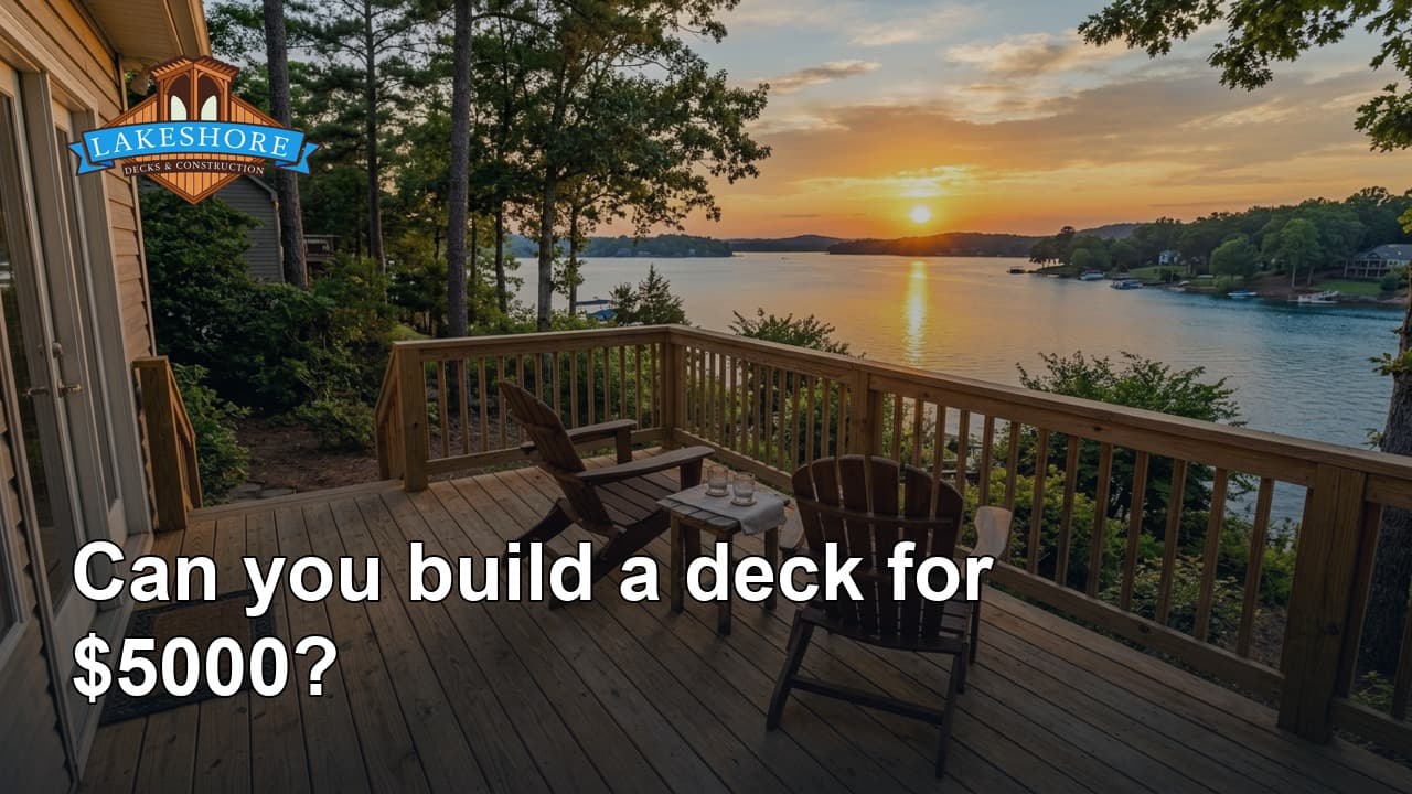 Small ground-level lakefront deck at sunset built by Lakeshore Decks Construction