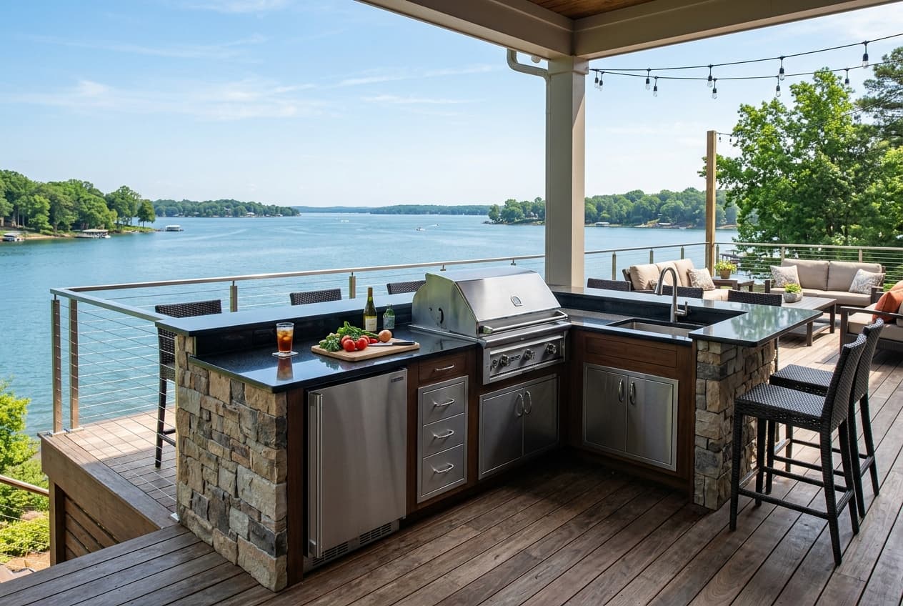 Custom composite deck with railings near Lake Norman