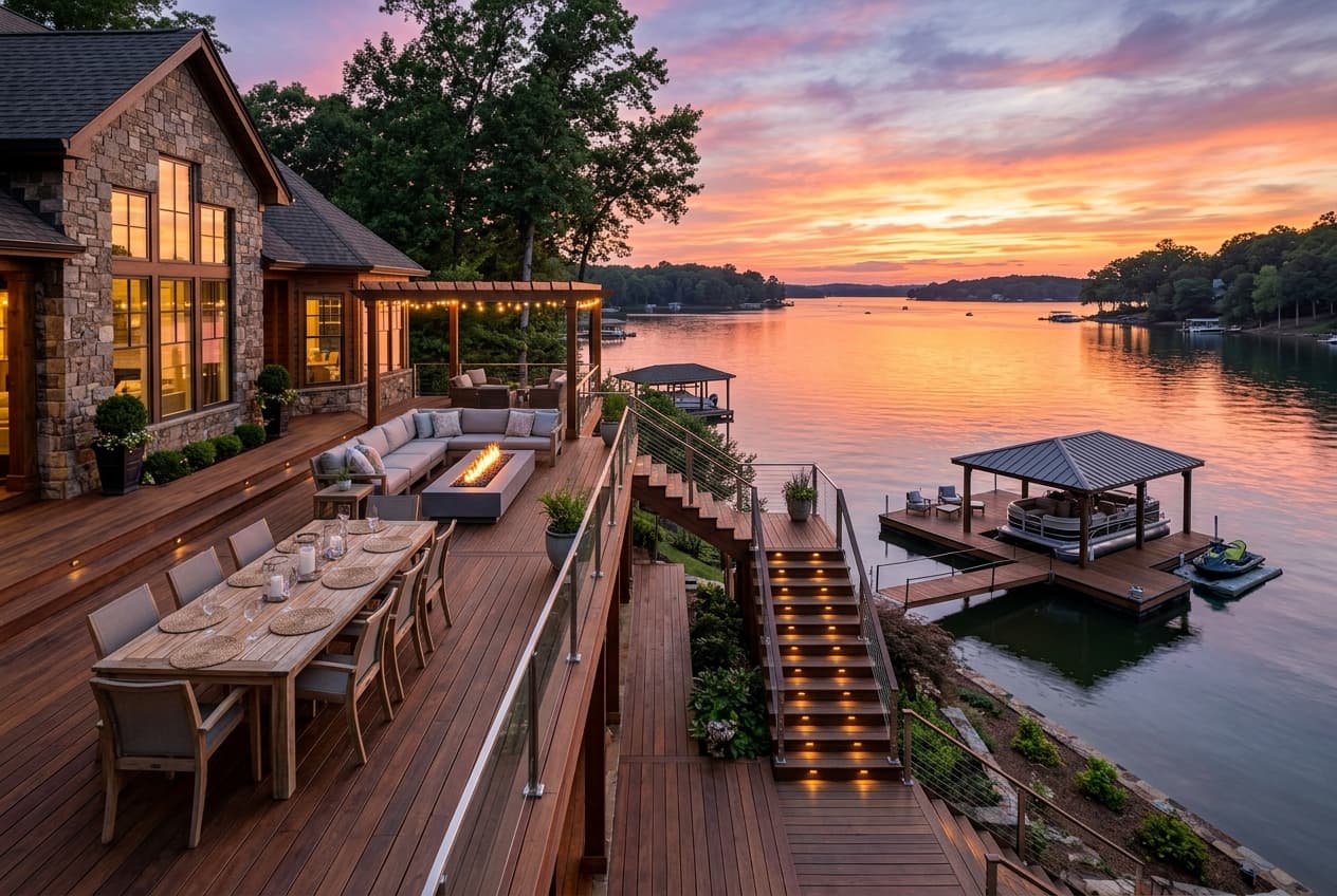 Finished multi-feature deck on a Lake Norman property