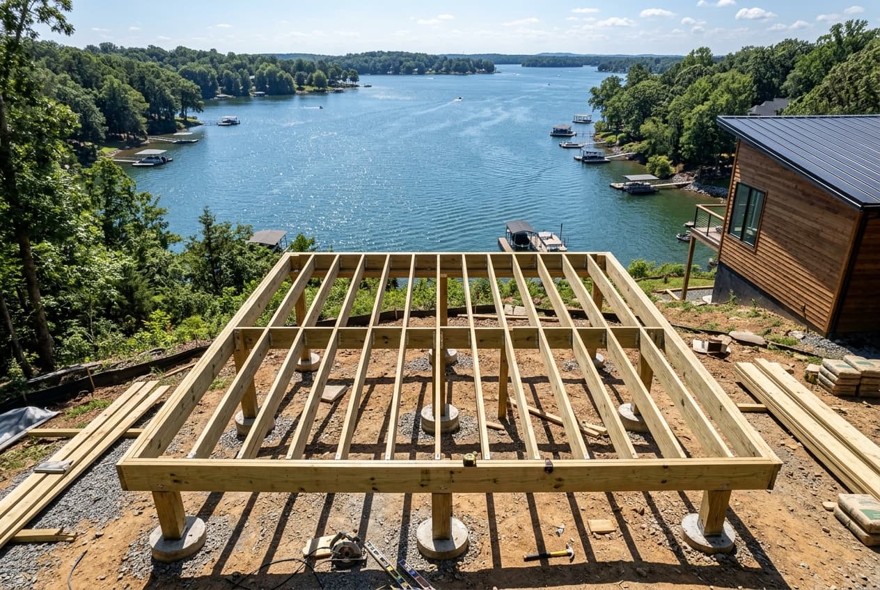 Lakefront 20x20 deck at Lake Norman built by Lakeshore Deck Builder and Construction