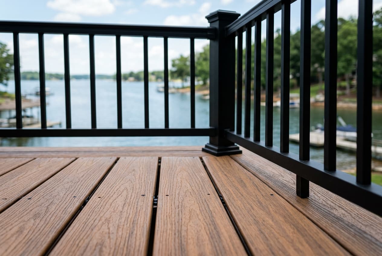 Close-up of premium composite decking boards on a 20x20 deck
