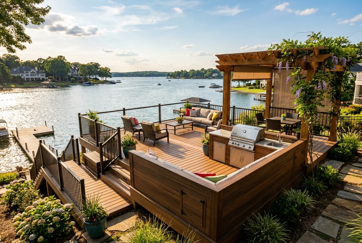 Completed multi-level 20x20 deck on a Lake Norman home