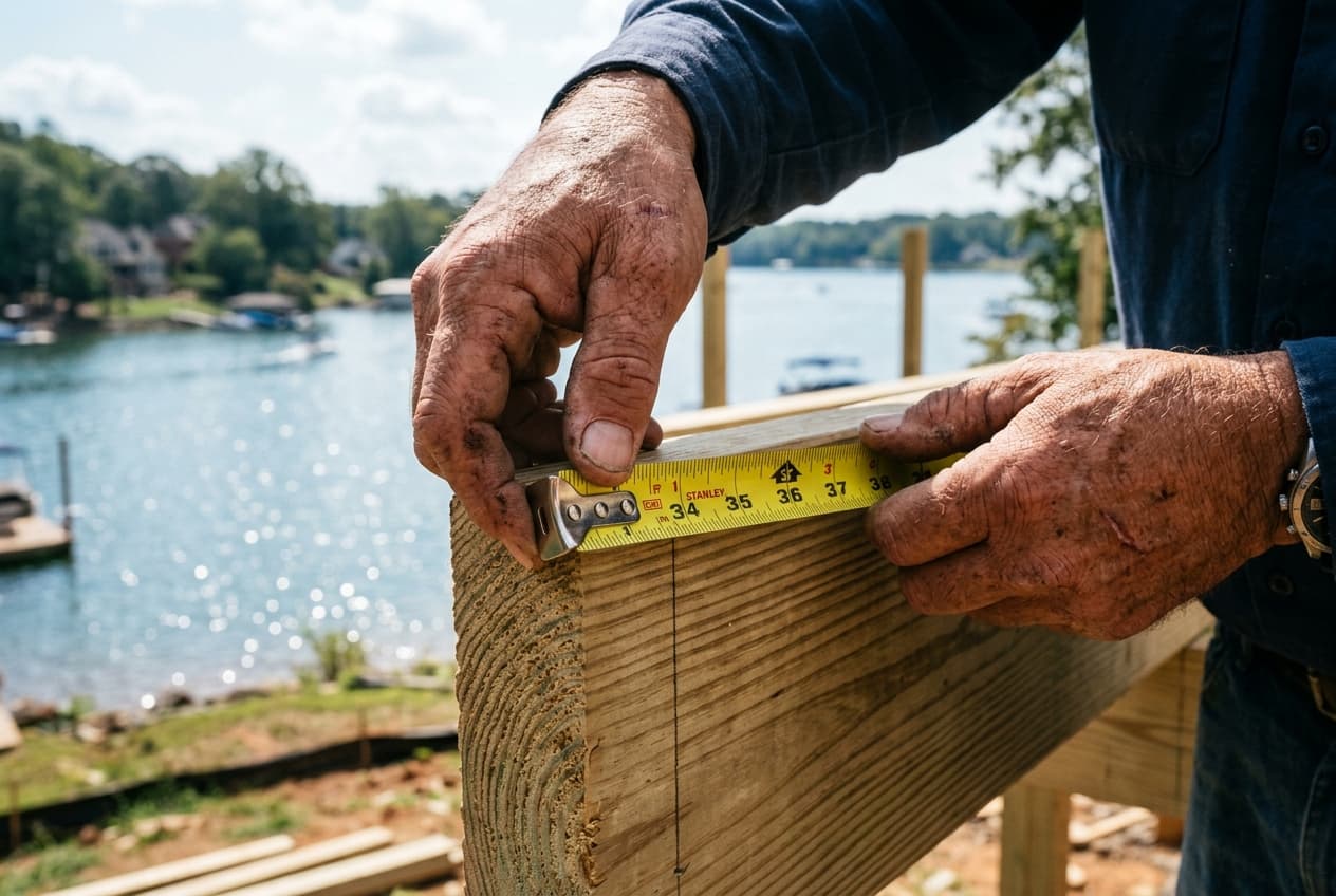 Carpenter using the 3-4-5 rule to square a deck frame
