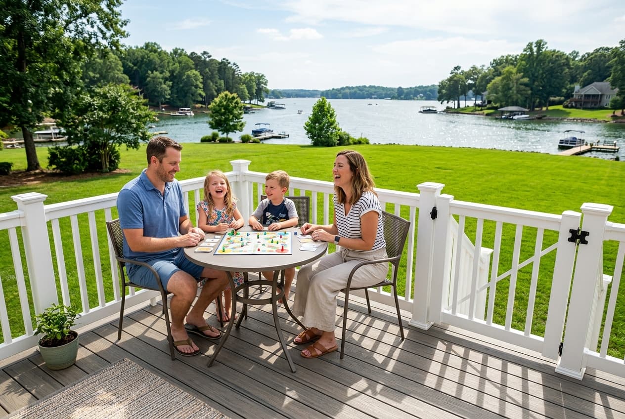 Small ground-level lakefront deck at sunset built by Lakeshore Deck Builder and Construction